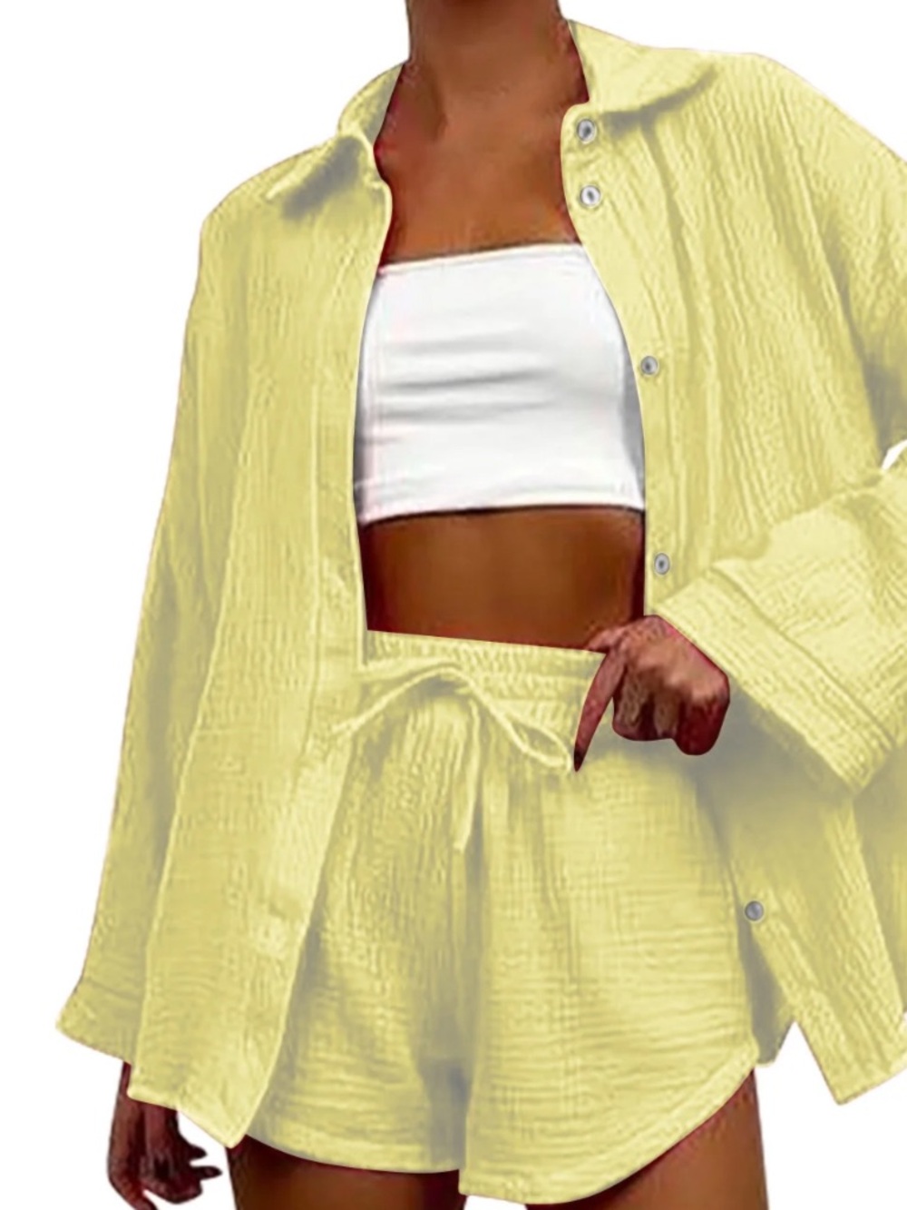 Light Yellow Women's Glittery set - Casual Drawstring Waist